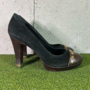 Tory Burch Black Brown Cap Toe Studded Pump High Heel Shoes Women’s 8.5